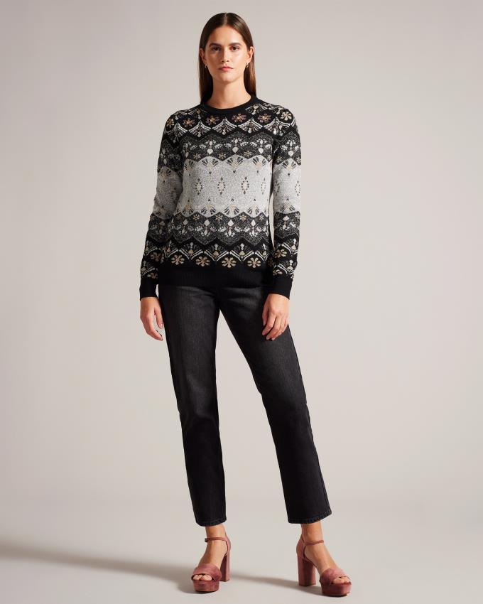 Sweter Damskie Ted Baker Crystal Embellished Fair Isle Czarne Polska | PL-DISGV5629