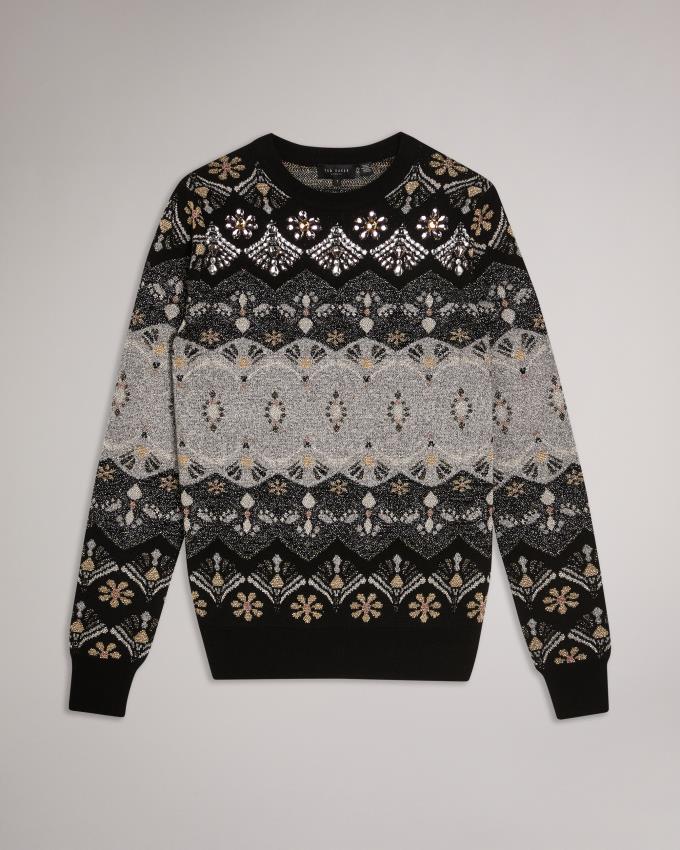 Sweter Damskie Ted Baker Crystal Embellished Fair Isle Czarne Polska | PL-DISGV5629