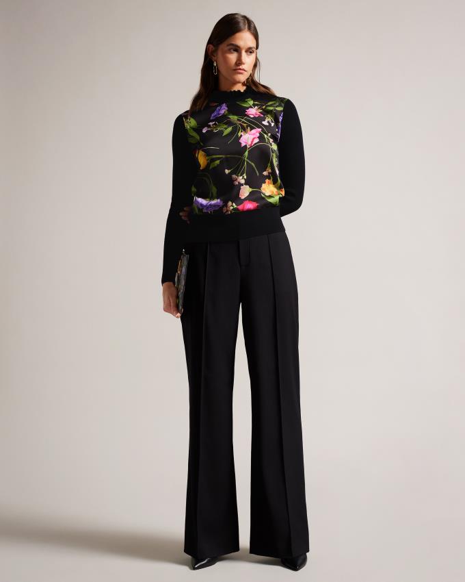 Sweter Damskie Ted Baker Woven Front Fluted Neck Czarne Polska | PL-KZNFR1274