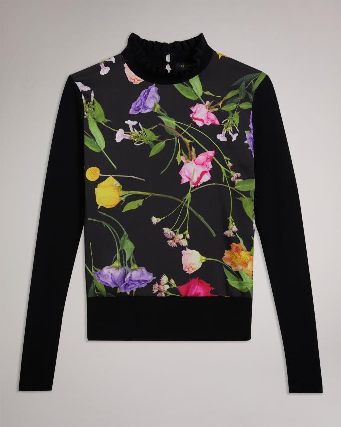Sweter Damskie Ted Baker Woven Front Fluted Neck Czarne Polska | PL-KZNFR1274