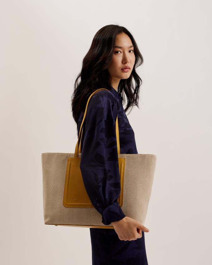 Torby Tote Damskie Ted Baker Leather Trim Canvas Musztardowe Polska | PL-SNHXU9036